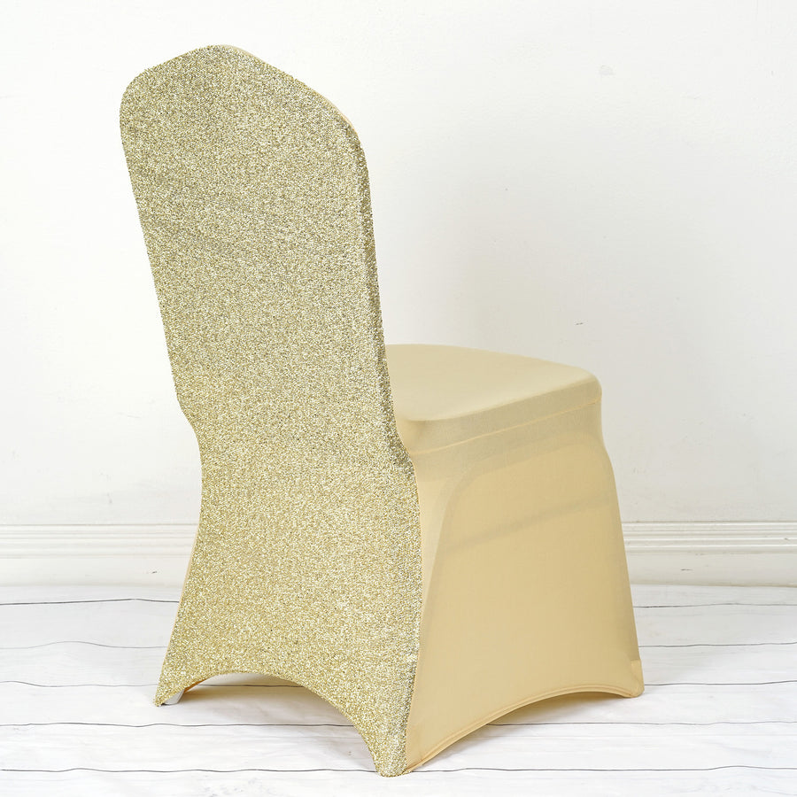 Champagne Spandex Stretch Banquet Chair Cover, Fitted with Metallic Shimmer Tinsel Back