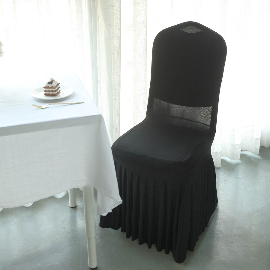 Black 1-Piece Stretch Fitted Ruffle Pleated Skirt Banquet Chair Cover