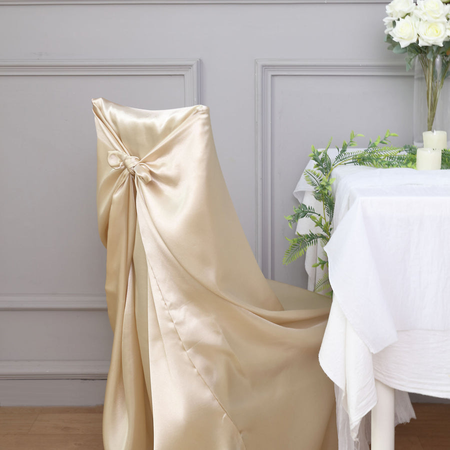 Beige Satin Self-Tie Universal Chair Cover, Folding, Dining, Banquet and Standard