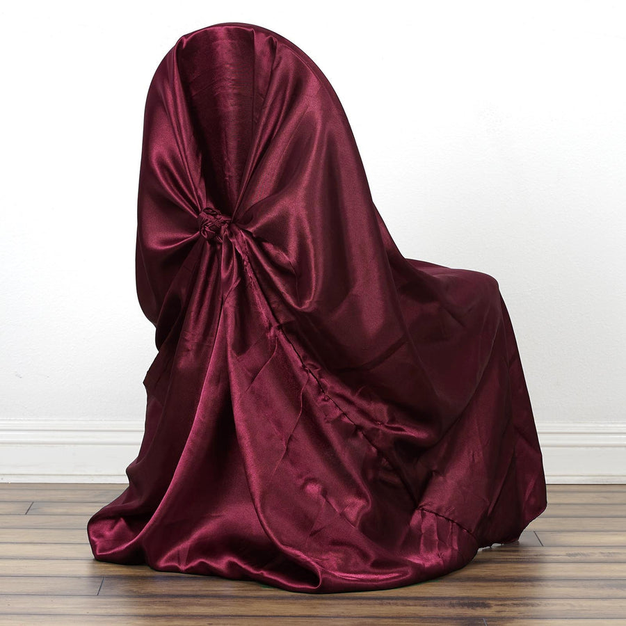 Burgundy Satin Self-Tie Universal Chair Cover, Folding, Dining, Banquet and Standard