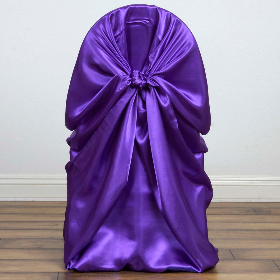 Purple Satin Self-Tie Universal Chair Cover, Folding, Dining, Banquet and Standard