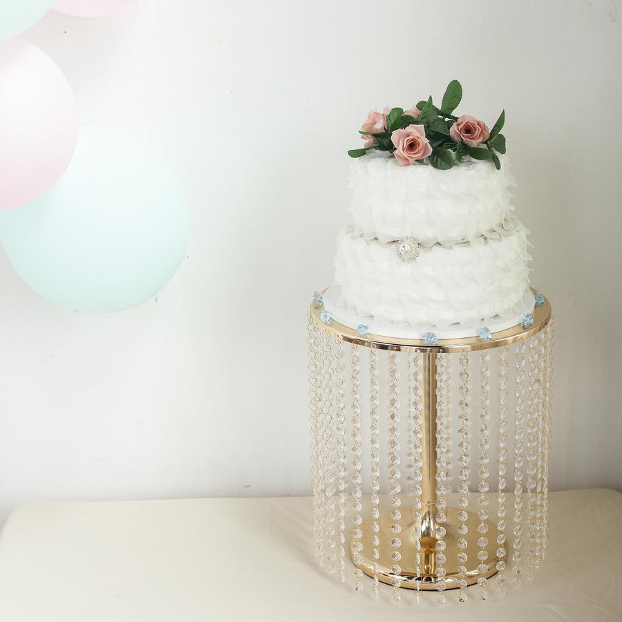 14" Round 16" Tall Metallic Gold Cake Stand, Cupcake Dessert Pedestal With Crystal Chains