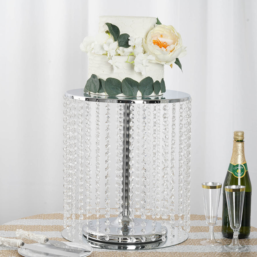 14" Round 16" Tall Metallic Silver Cake Stand, Cupcake Dessert Pedestal With Crystal Chains