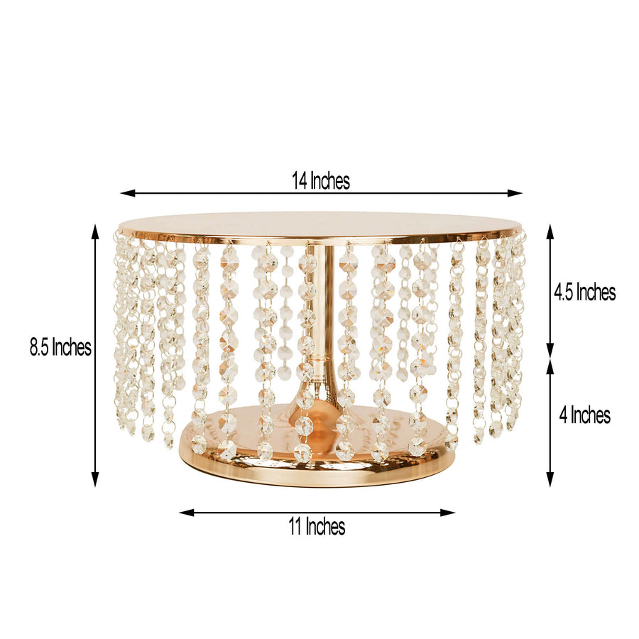 14" Round 8" Tall Metallic Gold Cake Stand, Cupcake Dessert Pedestal With Crystal Chains