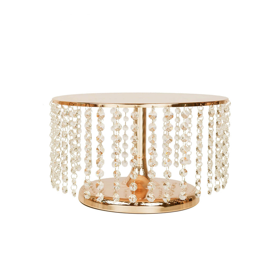 14" Round 8" Tall Metallic Gold Cake Stand, Cupcake Dessert Pedestal With Crystal Chains#whtbkgd