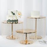 14" Round 12" Tall Metallic Gold Cake Stand, Cupcake Dessert Pedestal With Crystal Chains
