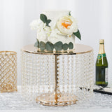 14" Round 12" Tall Metallic Gold Cake Stand, Cupcake Dessert Pedestal With Crystal Chains