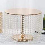 14" Round 12" Tall Metallic Gold Cake Stand, Cupcake Dessert Pedestal With Crystal Chains