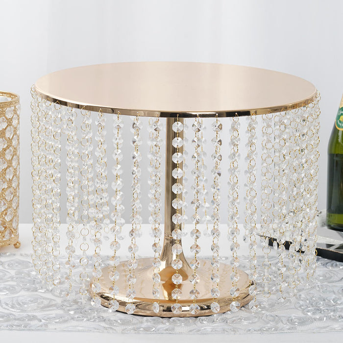 14" Round 12" Tall Metallic Gold Cake Stand, Cupcake Dessert Pedestal With Crystal Chains