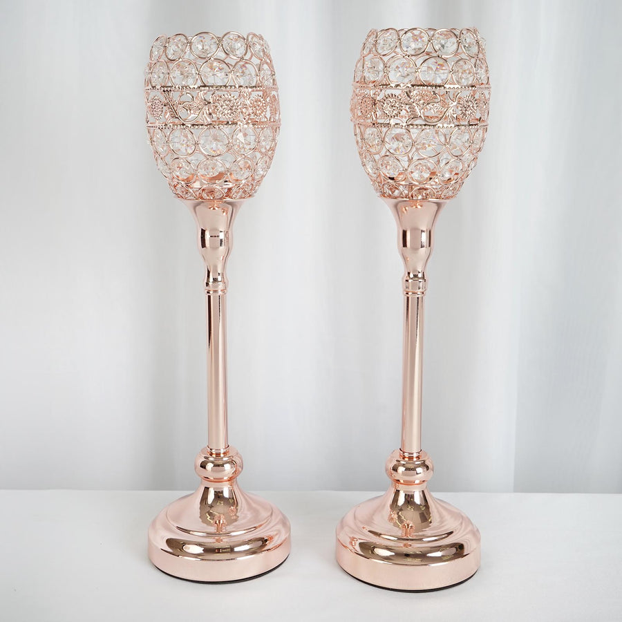 2 Pack | 16inch Blush/Rose Gold Metal Goblet Acrylic Crystal Votive Candle Holder Set