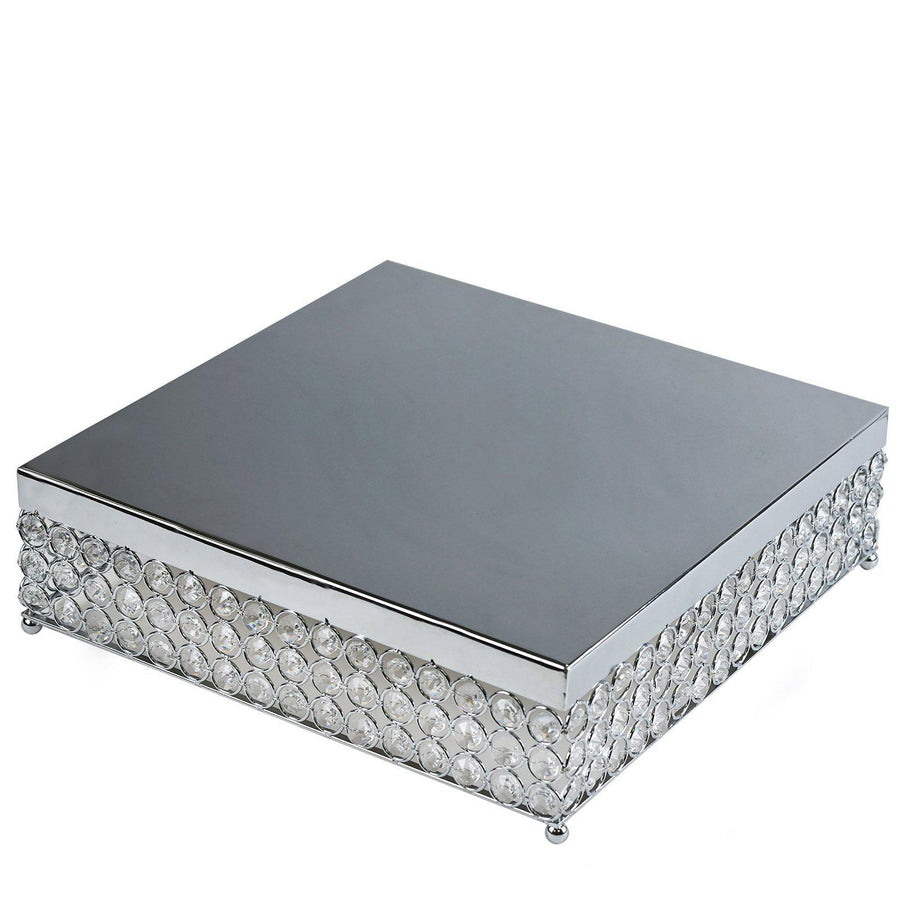 16inch Silver Square Crystal Beaded Metal Cake Stand, Dessert Pedestal#whtbkgd