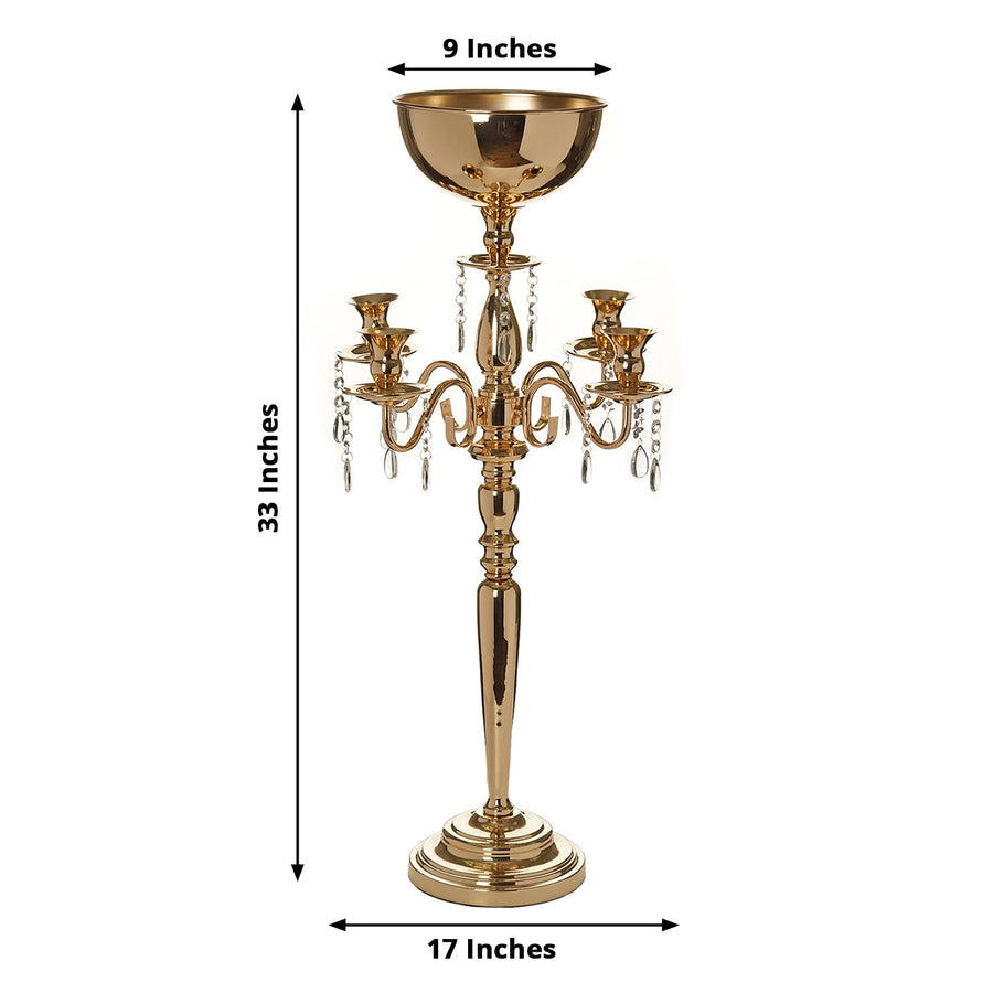 33inch Gold Metal 4 Arm Candelabra Votive Candle Holder, Flower Vase Bowl