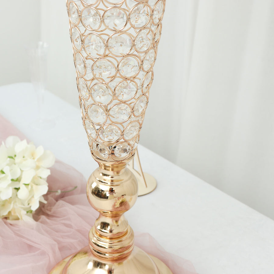 2 Pack | Gold 32Inch Tall Crystal Beaded Trumpet Vase Set, Table Centerpiece