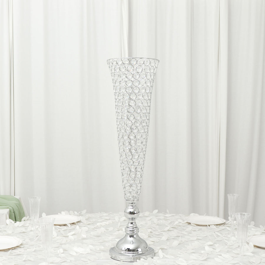 2 Pack | Silver 32inch Tall Crystal Beaded Trumpet Vase Set, Table Centerpiece
