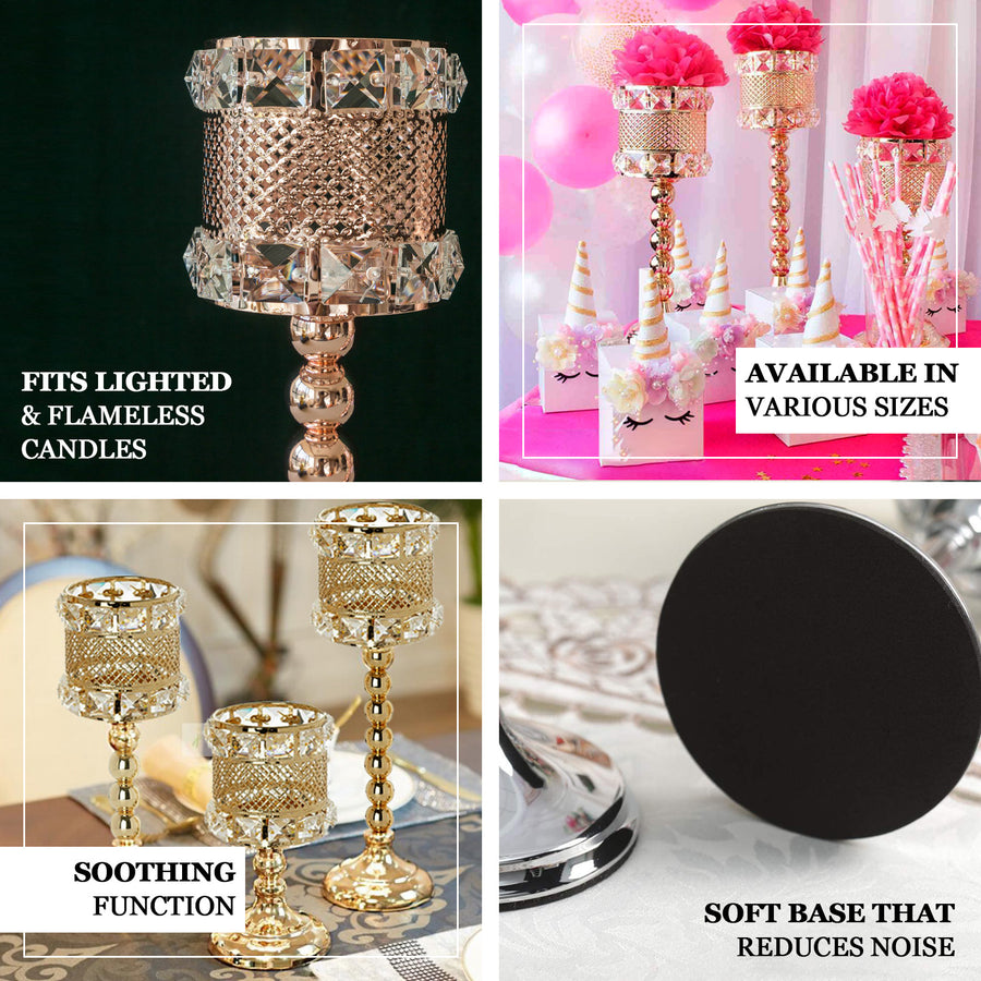 3 Pack | Blush/Rose Gold Acrylic Crystal Beaded Votive Candle Holders, Goblet Candle Holder Set