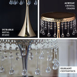 17inch Gold Metal Trumpet Cake Stand Pedestal, Round Cake Riser With 30 Acrylic Crystal Chains