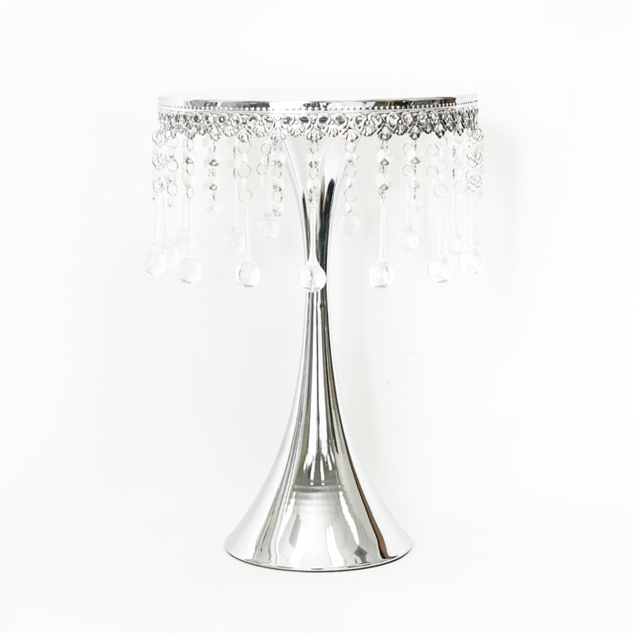 Silver Metal Trumpet Cake Stand Pedestal Round Cake Riser With 30 Acrylic Crystal Chains#whtbkgd