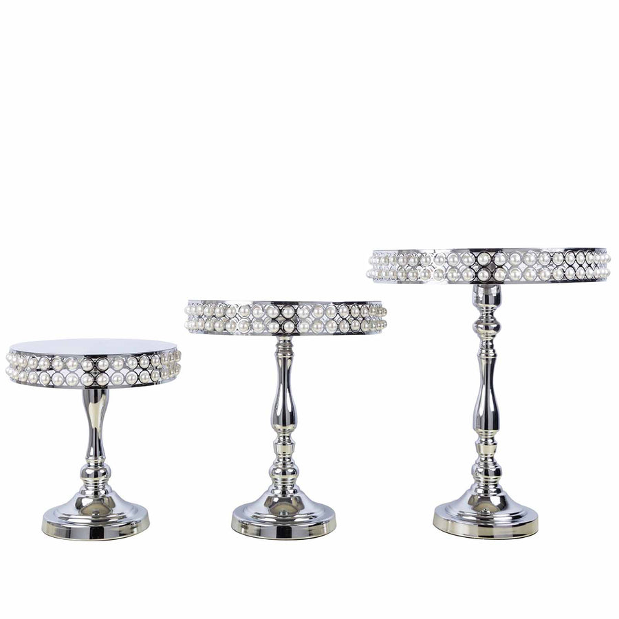 Set of 3 | Silver Pearl Beaded Wedding Cake Stands, Dessert Pedestals, Cupcake Stands#whtbkgd