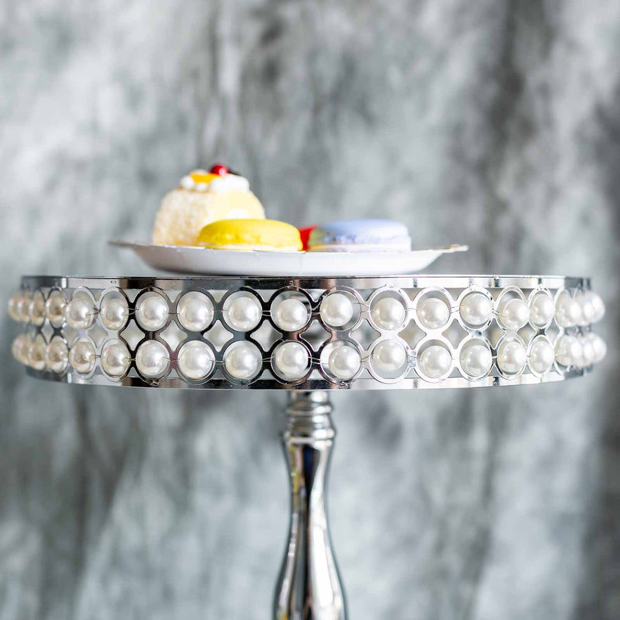 Set of 3 | Silver Pearl Beaded Wedding Cake Stands, Dessert Pedestals, Cupcake Stands