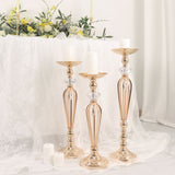 Set of 3 | Gold Metal Crystal Ball Pillar Candle Holders Set, Flower Bowl Pedestal Stand