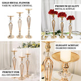 Set of 3 | Gold Metal Crystal Ball Pillar Candle Holders Set, Flower Bowl Pedestal Stand