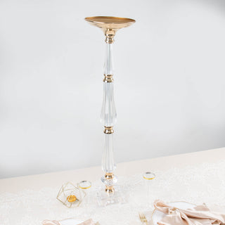 Add Elegance to Your Space with the 32" Gold/Clear Acrylic Crystal Flower Bowl Pedestal Stand