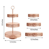 Rose gold three-tier serving stand with decorative cutouts, 23 inches tall.