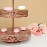 Rose gold cake stand with macarons and cupcakes, elegantly styled for display.