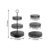 Black tiered serving stand with decorative cutouts, 23 inches tall.