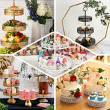 Variety of decorative cake stands with desserts and flowers in a collage setting.