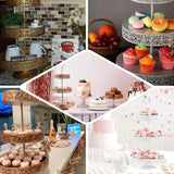 Assorted dessert stands with cakes and pastries in various settings.