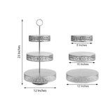 Three-tiered metal cake stand with decorative cutouts, 23 inches tall.