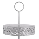 Silver decorative cake stand with intricate lace design.