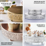 Elegant Fleur de Lis cake stand in durable metal, perfect for desserts and events.