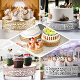 Decorative cake stands showcasing various desserts in an elegant setting.