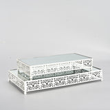 Set of 2 White Fleur De Lis Metal Rectangle Cake Stand, Dessert Riser Display with Mirror Top