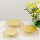 Set of 3 | Gold Metal Geometric Cake Stands Reversible Octagon Baskets