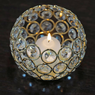 Add Elegance to Your Décor with the 4" Round Gold Crystal Beaded Metal Votive Tealight Candle Holder