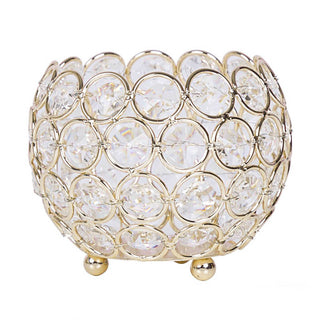 Illuminate Your Space with the Glittering Glow of the 4" Round Gold Crystal Beaded Metal Votive Tealight Candle Holder