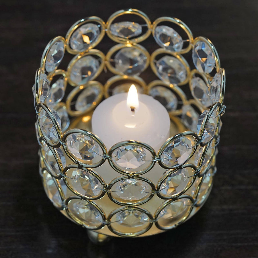 3inch Tall Gold Crystal Beaded Metal Votive Tealight Candle Holder, Multipurpose Table Vase