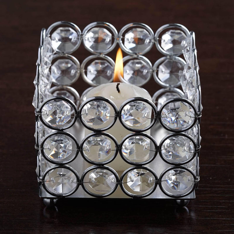 3inch Silver Metallic Square Votive Tealight Candle Holder, Multipurpose Table Vase