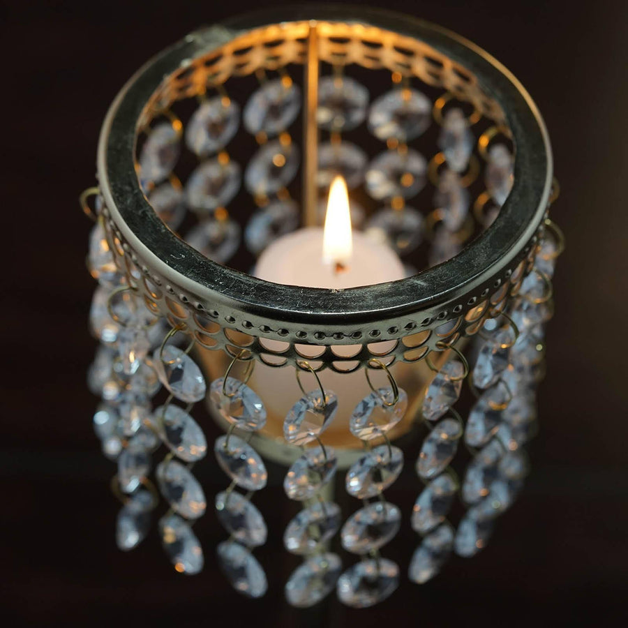 12inch Gold Crystal Beaded Chandelier Votive Pillar Candle Holder, Metal Tealight Candle Stand