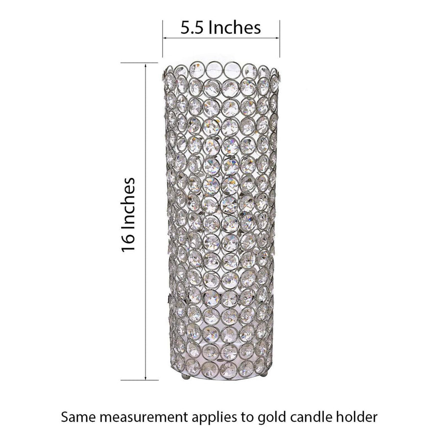 16inch Tall Metallic Silver Full Crystal Beaded Pillar Candle Holder Stand