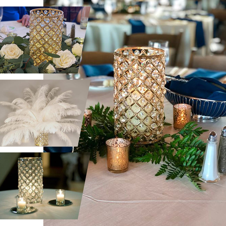 Gold Metal Crystal Beaded Pillar Votive Candle Holder Set, Multipurpose Crystal Flower Stem Vase