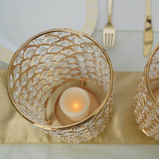 Create a Dazzling Display with the 2 Pack | 9” Gold Metal Crystal Beaded Pillar Votive Candle Holder Set