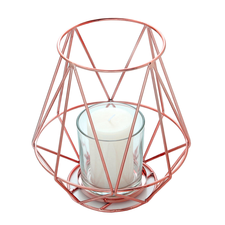 7inch Blush/Rose Gold Geometric Metal Wired Candle Holder Set & Glass Votive Holder Set#whtbkgd