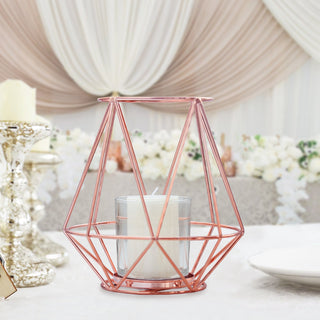 Elegant Rose Gold Geometric Metal Wired Candle Holder Set
