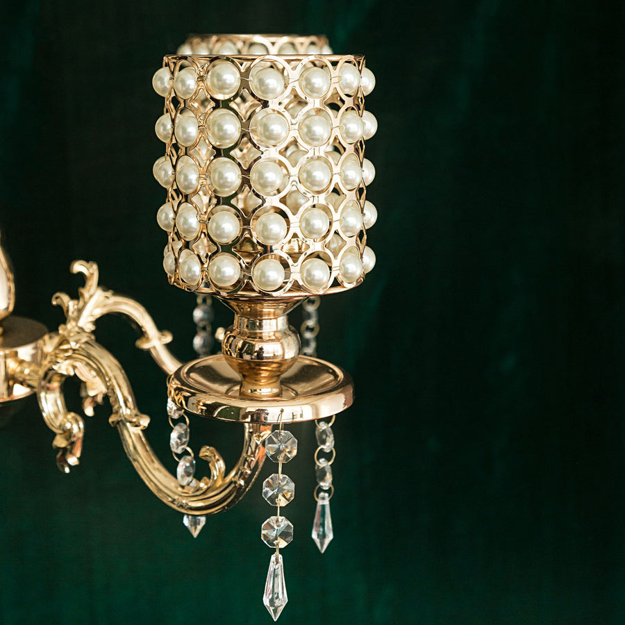 Gold Pearl Beaded Table Floor Candelabra Centerpiece, Metal With Crystal Chandelier Pendants