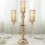 3 Arm Gold Metal Pillar Candle Stand, Votive Candelabra With Hanging Clear Crystal Pendants