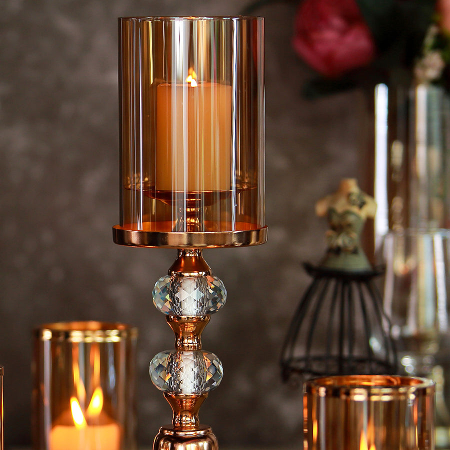 15" Tall Gold Metal Pillar Votive Candle Holder With Hurricane Glass Cover